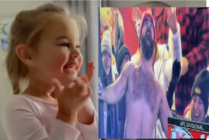 Jason Kelce 4 year daughter Wyatt gave an amazing reaction seeing dad strips off on TV after uncle Travis scores touchdown - Dad in trouble