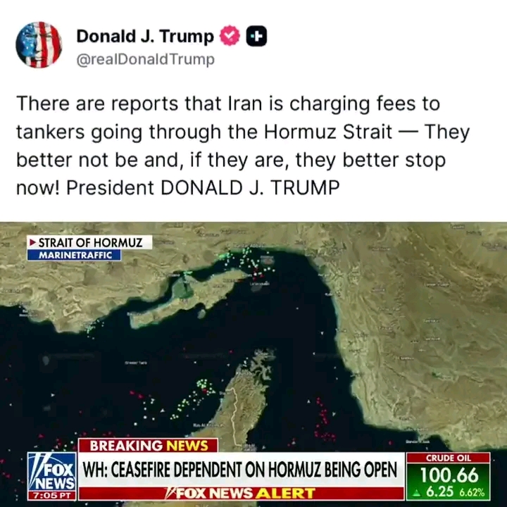 Breaking: Trump to Iran: “End Hormuz Toll Now—Or Pay the Price” As Iran tightens its grip on the Strait of Hormuz, where nearly a quarter of global oil flows, tensions surge to a breaking point. Donald Trump fires a stark warning—end the tolls or face consequences. With hundreds of ships stalled and oil markets on edge, the fragile ceasefire hangs by a thread. One wrong move could ignite a global crisis, turning economic pressure into full-blown confrontation... Full detail👇👇